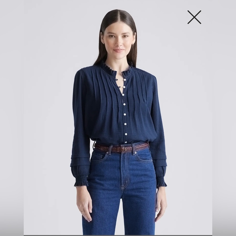 Quince Navy Button-Down Pintuck Blouse